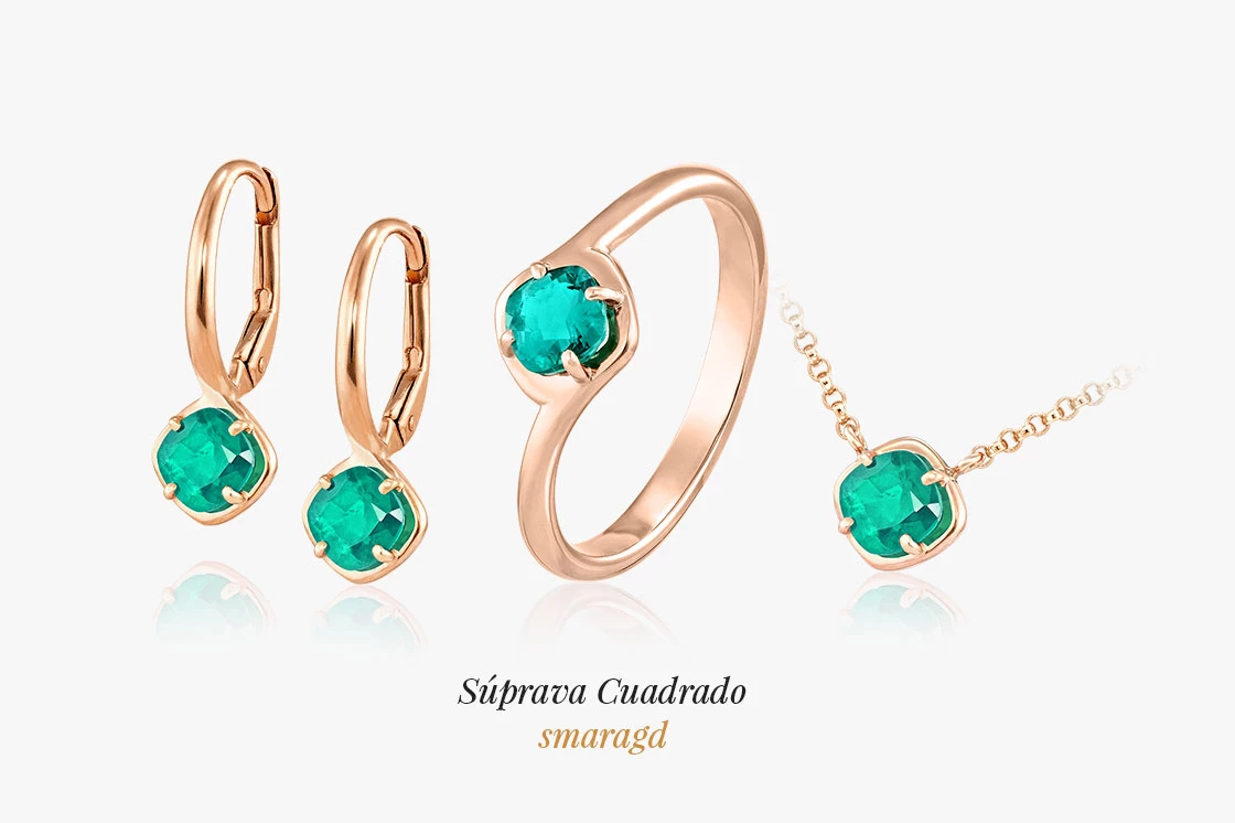 náušnice, prsteň, náhrdelník Cuadrado v ružovom zlate so zeleným smaragdom