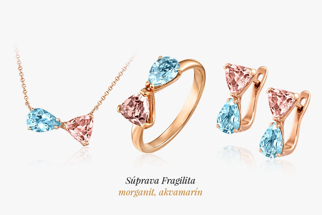 náhrdelník, prsteň a náušnice osadené morganitom a akvamarínom v ružovom zlate