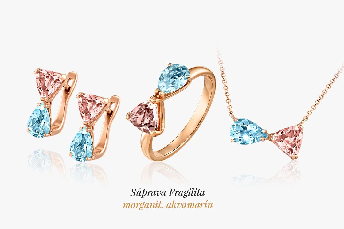 set šperkov v ružovom zlate, v šperkoch sú osadené ružové morganity a modré akvamaríny