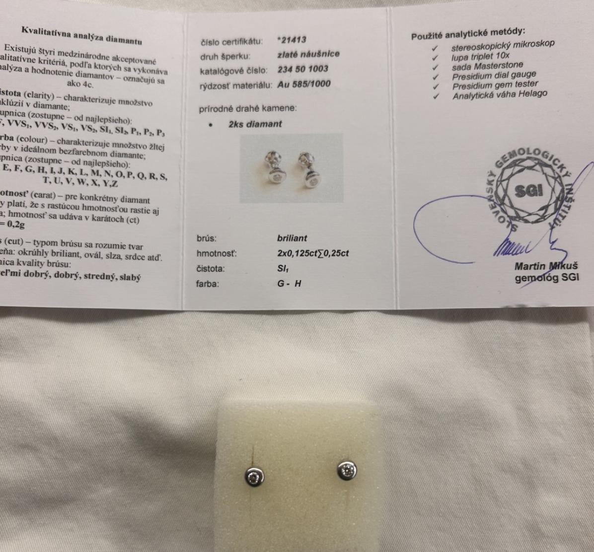 Zlaté náušnice s 2ks diamantu