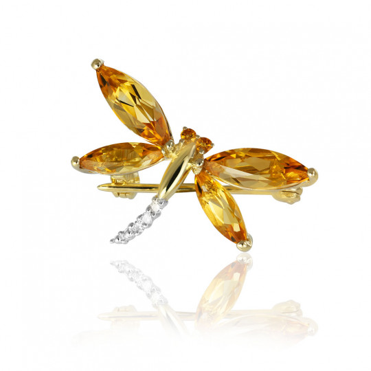 Brošňa Fancy wings, žlté zlato, citrín, diamant.