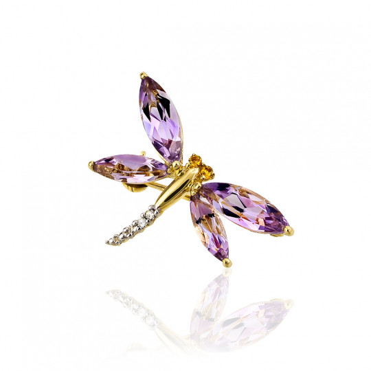 Brošňa Fancy wings, žlté zlato, ametyst, citrín, diamant.