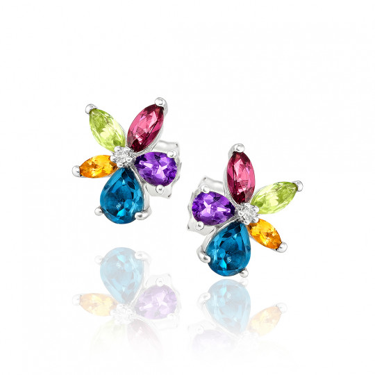 Náušnice Allegory, biele zlato, modrý topás, diamant, granát, ametyst, citrín, peridot.