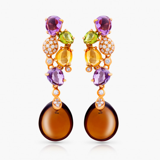 Náušnice Gemstone, ružové zlato, záhneda, citrín, peridot, ametyst, diamant.