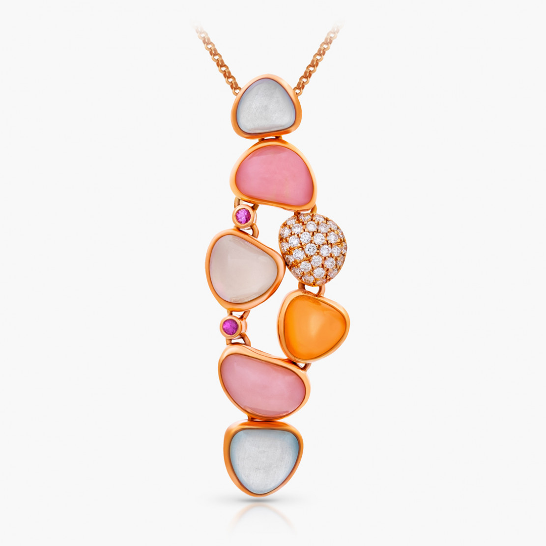 Prívesok Pebbles, ružové zlato, opál, akvamarín, mliečny mesačný kameň, ružový zafír, diamant, oranžový mesačný kameň.