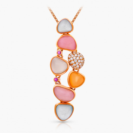 Prívesok Pebbles, ružové zlato, opál, akvamarín, mliečny mesačný kameň, ružový zafír, diamant, oranžový mesačný kameň.