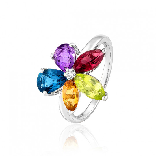 Prsteň Allegory, biele zlato, modrý topás, granát, ametyst, citrín, peridot, diamant.