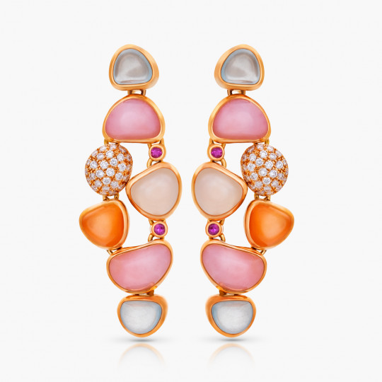 Náušnice Pebbles, ružové zlato, opál, diamant, akvamarín, ružový zafír, oranžový mesačný kameň, mliečny mesačný kameň.