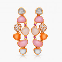Náušnice Pebbles, ružové zlato, opál, diamant, akvamarín, ružový zafír, oranžový mesačný kameň, mliečny mesačný kameň.