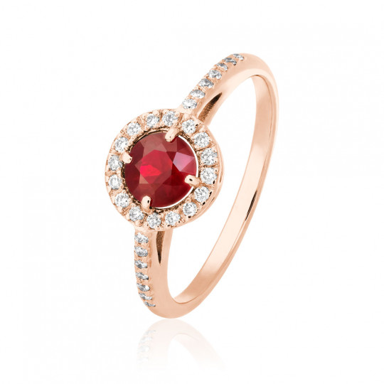 Prsteň Zaira, ružové zlato, rubín, diamant.